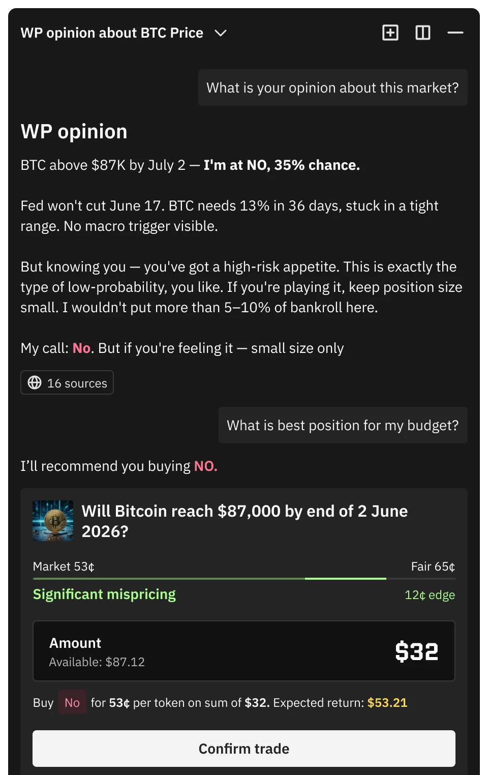 The agent panel. It gives its own call at 35 per cent, the reasoning under it, a cap on position size, and below that the position it recommends with the market price against a fair value.