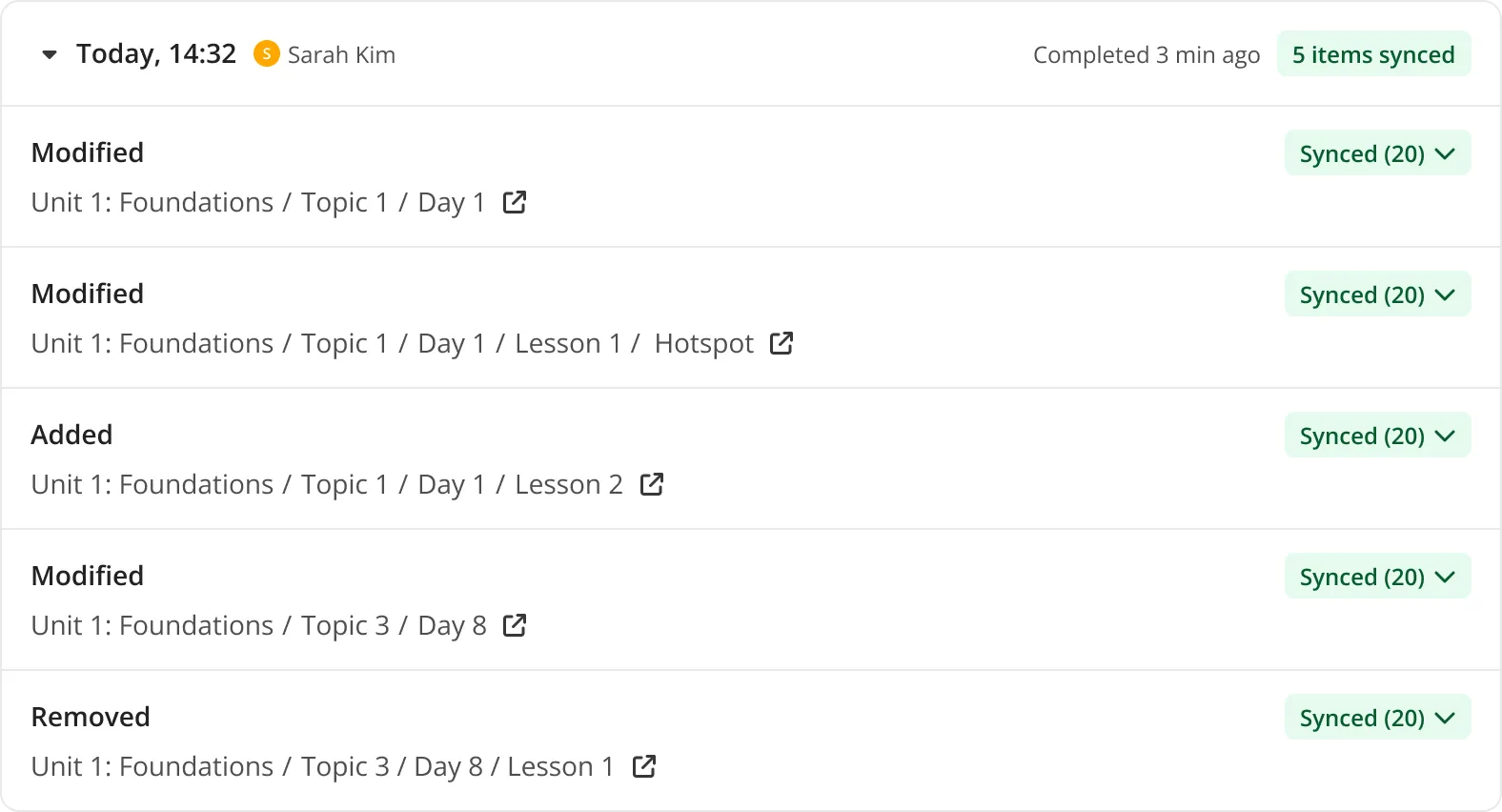 First version: a flat list of changes, each row repeating the full path from unit down to lesson.
