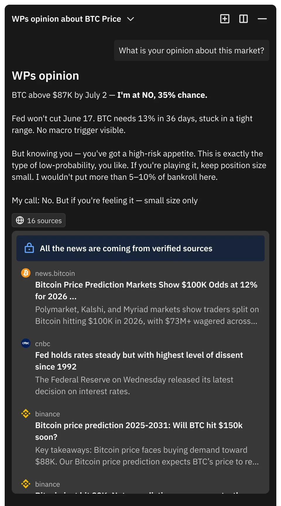 The same answer with the sources panel opened, listing news items with the outlet named on each one.