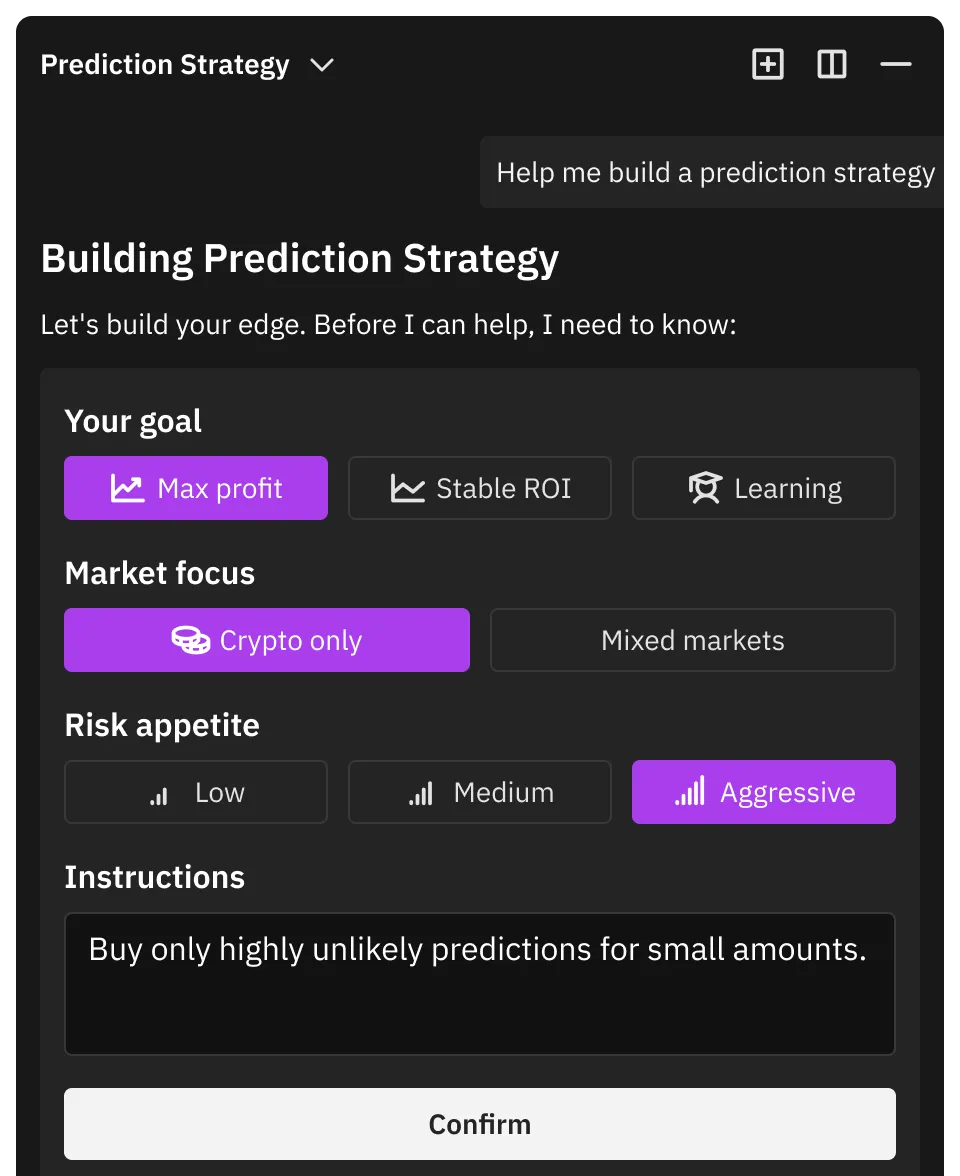 The strategy form. Goal, market focus and risk appetite as choices, then a free text field for instructions.