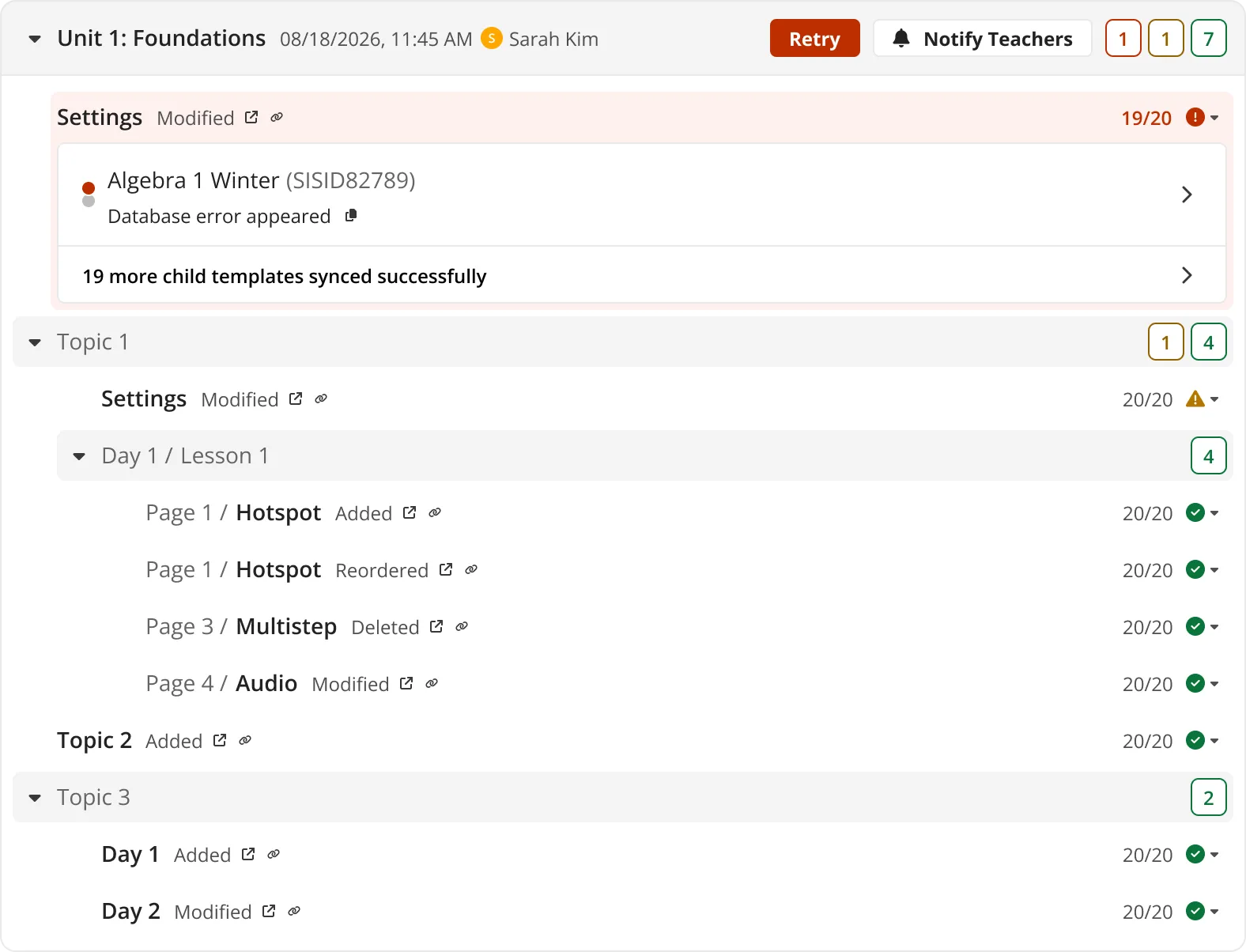 Sync result with one failure: a Retry button at the top for the whole batch, and the failed child template expanded below with its own error.