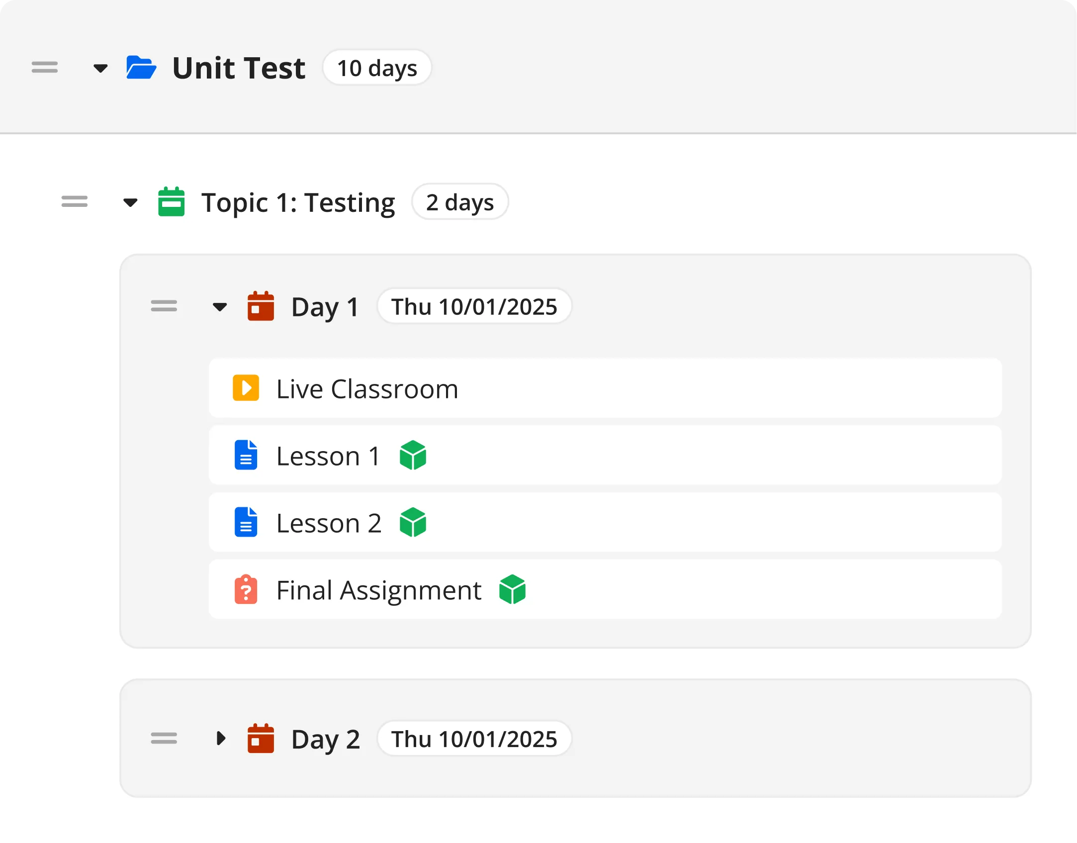 Course structure tree: a unit containing topics, days and individual lessons, each with its own duration.